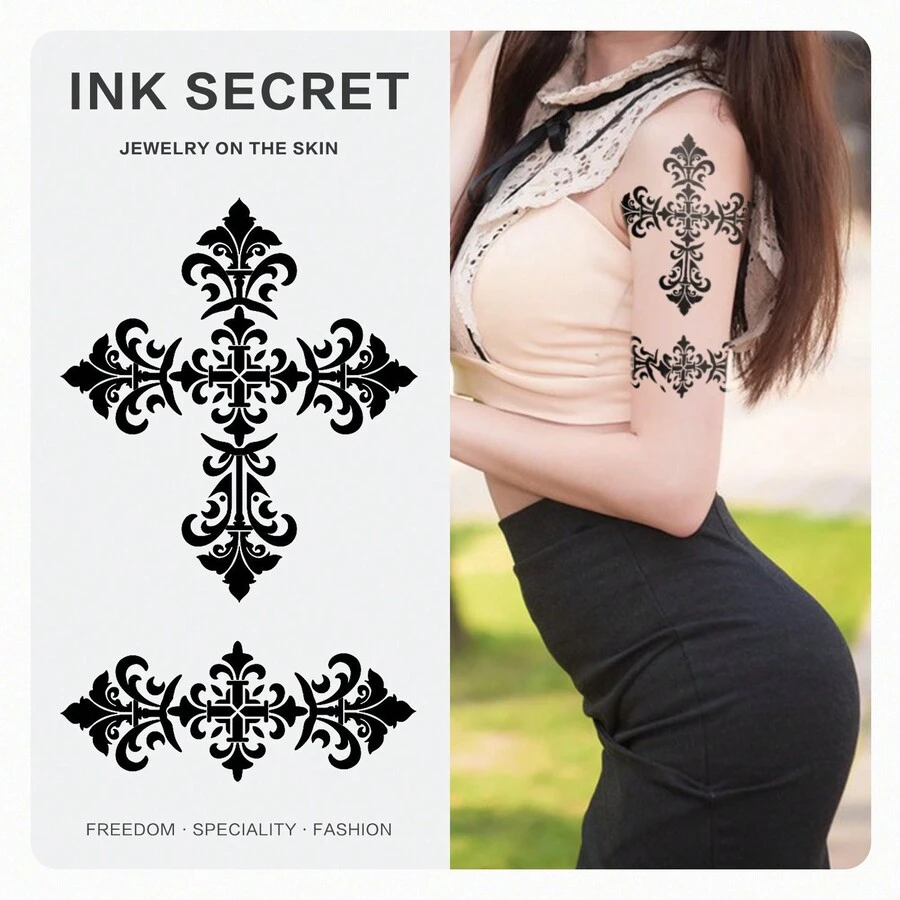 INK SECRET 1PC 巴洛克防水耐用草本纹身贴男女适用帅气酷炫符号手臂小腿腰部锁骨胸部背部