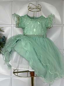 Baby Girl Flower Girl Graduation Party Dress Children's Flowers Pearls Green - 綠色 - 查看 5