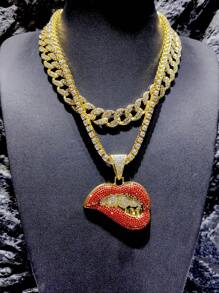 1pc European And American Men's Alloy Full Diamond Red Lips Pendant Necklace, Sexy Big Red Lips Jewelry Chain For Festival Parties - Sexy Lips Pendant Necklace - View 10