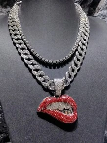1pc European And American Men's Alloy Full Diamond Red Lips Pendant Necklace, Sexy Big Red Lips Jewelry Chain For Festival Parties - Sexy Lips Pendant Necklace - View 11
