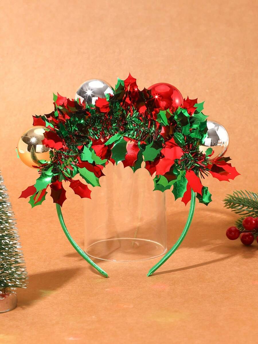 1pc Christmas Headpiece, Includes Santa Claus Hat, Christmas Ornaments, Green & Red Glitter Decor, Made Of Polyester, Suitable For Thanksgiving, Christmas, New Year Party And Gift Giving Home Decor Christmas Decorations Room Decor Winter