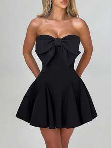 WOWDARK 秋季纯色蝴蝶结装饰无袖优雅连衣裙 - 黑色 - 查看 8