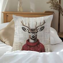 1 件复古报纸印花鹿装饰枕套，45*45 厘米柔软桃色天鹅绒单面印花抱枕套，适用于家居装饰、派对装饰、礼物 - 彩色 - 查看 3