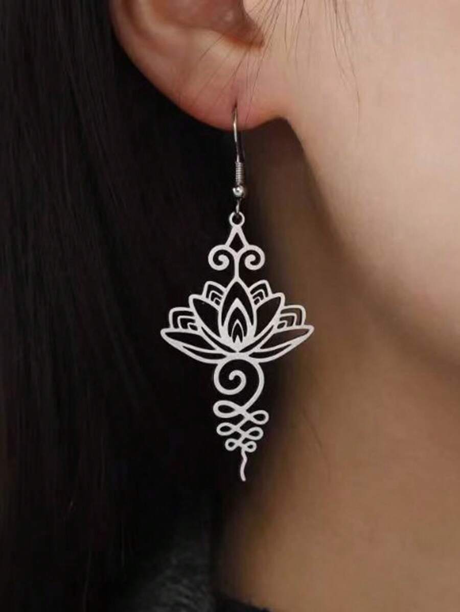 1 Cặp bông tai mặt dây chuyền hoa sen rỗng tinh tế, thép không gỉ, bông tai phong cách Trung Hoa thời trang dành cho phụ nữ - Bạc - Xem 1