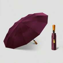 Light Luxury Automatic Wooden Handle Three-Fold Automatic Compact Foldable Unbrella With UV Protection & 12 Ribs, Rain And Dew Dual-Purpose Umbrella, Portable Waterproof Travel Rain Gear For Men's & Women's Outdoor Activities, UV Resistant Sunshade Umbrella Folding Umbrella ﻿