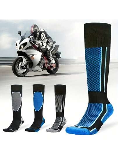 Conjunto de 2 meias de motociclista de cano alto, meias grossas de ciclismo de cano longo, fundo de toalha, meias masculinas e femininas, absorventes de choque, absorventes de suor, à prova de vento e quentes, meias esportivas