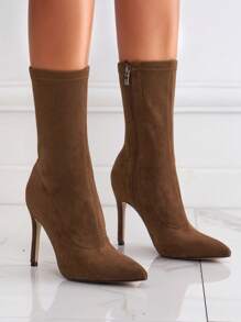 Ideal With Sweater Dress,Women's Elastic Pointed Toe High Heels Zipper Side Suede Ankle Boots, Sexy Brown Short Boots For Autumn & Winter,Stiletto Heels - Brown - View 2