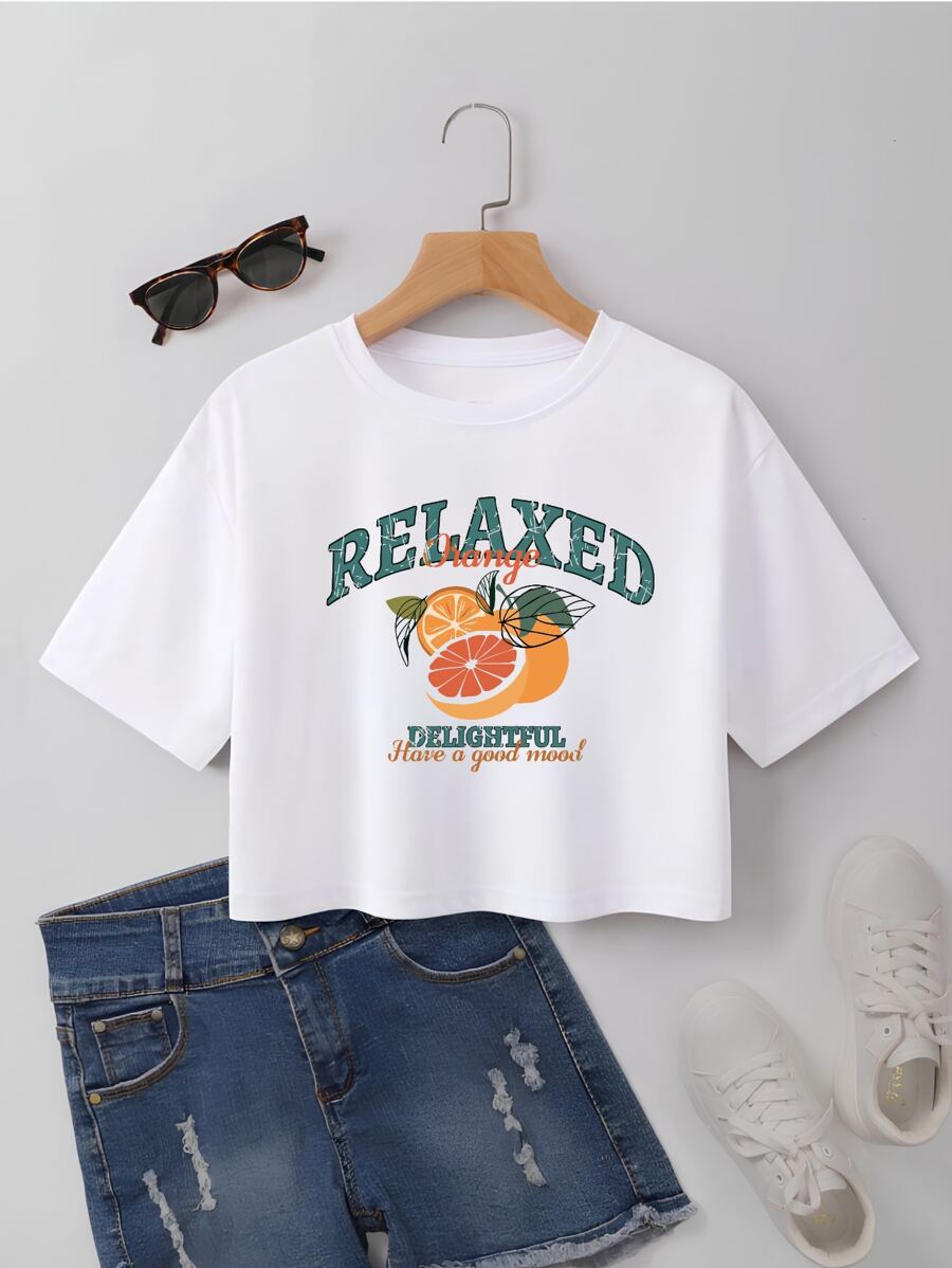 Basic Women's Cropped Top With Relaxed Orange Print, 100% Cotton - 白色 - 查看 1