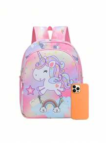 low tea 1pc Cartoon Unicorn Print Nylon Zipper Closure Cute Backpack, Suitable For Daily Use Luggage, School Bag, Toddler Backpack, School Bag, Bag, Bag School, Backpack, Backpack, School Backpack, Rucksack, Small Backpack, Mini Backpack Perfect For School, Travel Bag - Pink - View 3
