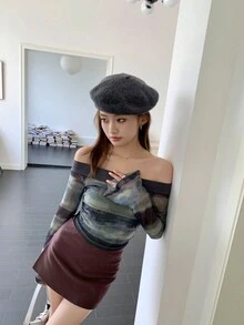 秋季新款欧美露肩网眼设计喇叭袖T恤修身性感上衣 - 藍色 - 查看 6