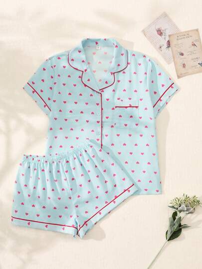 2pcs/Set Women's Small Heart Printed Summer Pajama Set, Short Sleeve Button-Down Shirt And Shorts, Casual Loungewear For Summer.,Two Pieces Set
