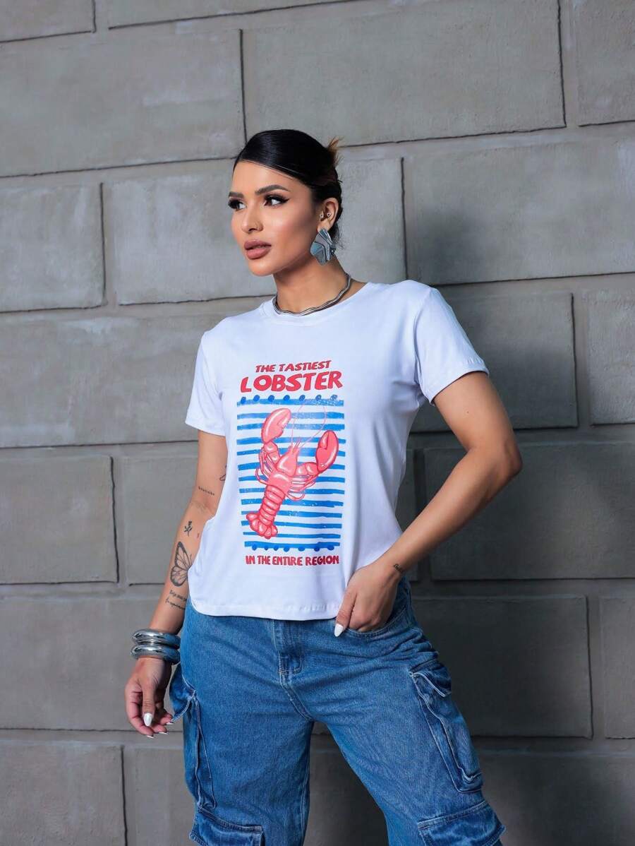 Blusa Feminina TShirt Lagosta Camiseta Manga Curta Baby Look Moda