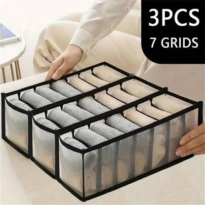 3 Packs Polyester Fiber 7-Grid Wardrobe Organizer Bins, Drawer Divider Storage Boxes For Underwear, Socks, Ties, Fabric Closet Organizers For Teens And Adults