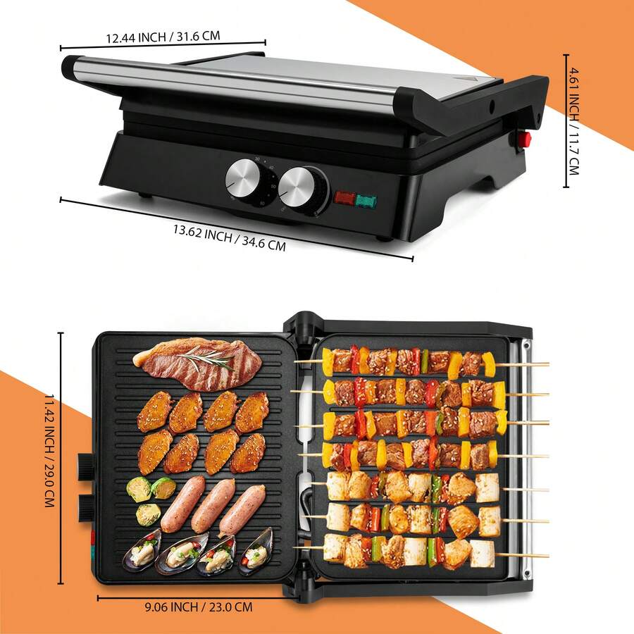 3In1 Nonstick Panini Press & Indoor Grill, Opens 180Degree Gourmet