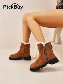 PickBuy Botas femininas de motocicleta marrom da moda, botas Chelsea marrons quentes e confortáveis para o inverno, design de zíper lateral com botas de neve com forro térmico, botas curtas casuais versáteis de couro sintético e pele - Ferrugem Marrom - Ver 2