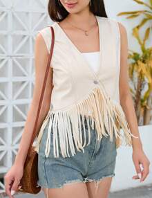 Chaleco vaquero sin mangas con flecos para mujeres, con botón único, estilo de vaquero de los años 70, hippie, con flecos - Blanco - Ver 4