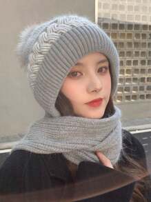 欧美时尚女式帽子围巾套装，冬季保暖百搭秋冬羊毛帽，时尚韩版加厚针织帽，情人节礼物 - 彩色 - 查看 4