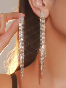 1 par de brincos longos de borla com strass de cristal de 4 camadas e vários fios, brincos pendurados de lustre de cristal brilhante, joias de festa da moda