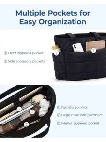 BAGSMART 女士手提包，轻便蓬松手提包，带隔层，绗缝单肩包，手提包，适合旅行、工作 - 黑色 - 查看 5