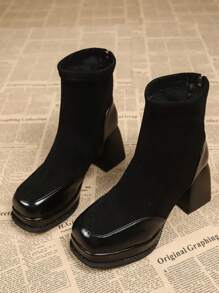 Fashionable And Elegant Square Toe Thick Heel Booties For Spring And Autumn, 2024 New Arrival,Party Outfits - Black - View 2