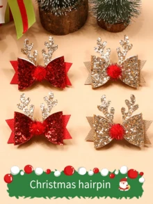 2 件圣诞鹿角发夹带蓬松绒球闪光麋鹿蝴蝶结发饰，适合女孩、圣诞节舞会发夹 - 2pcs - 查看 2