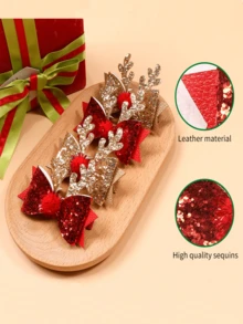 2 件圣诞鹿角发夹带蓬松绒球闪光麋鹿蝴蝶结发饰，适合女孩、圣诞节舞会发夹 - 2pcs - 查看 3