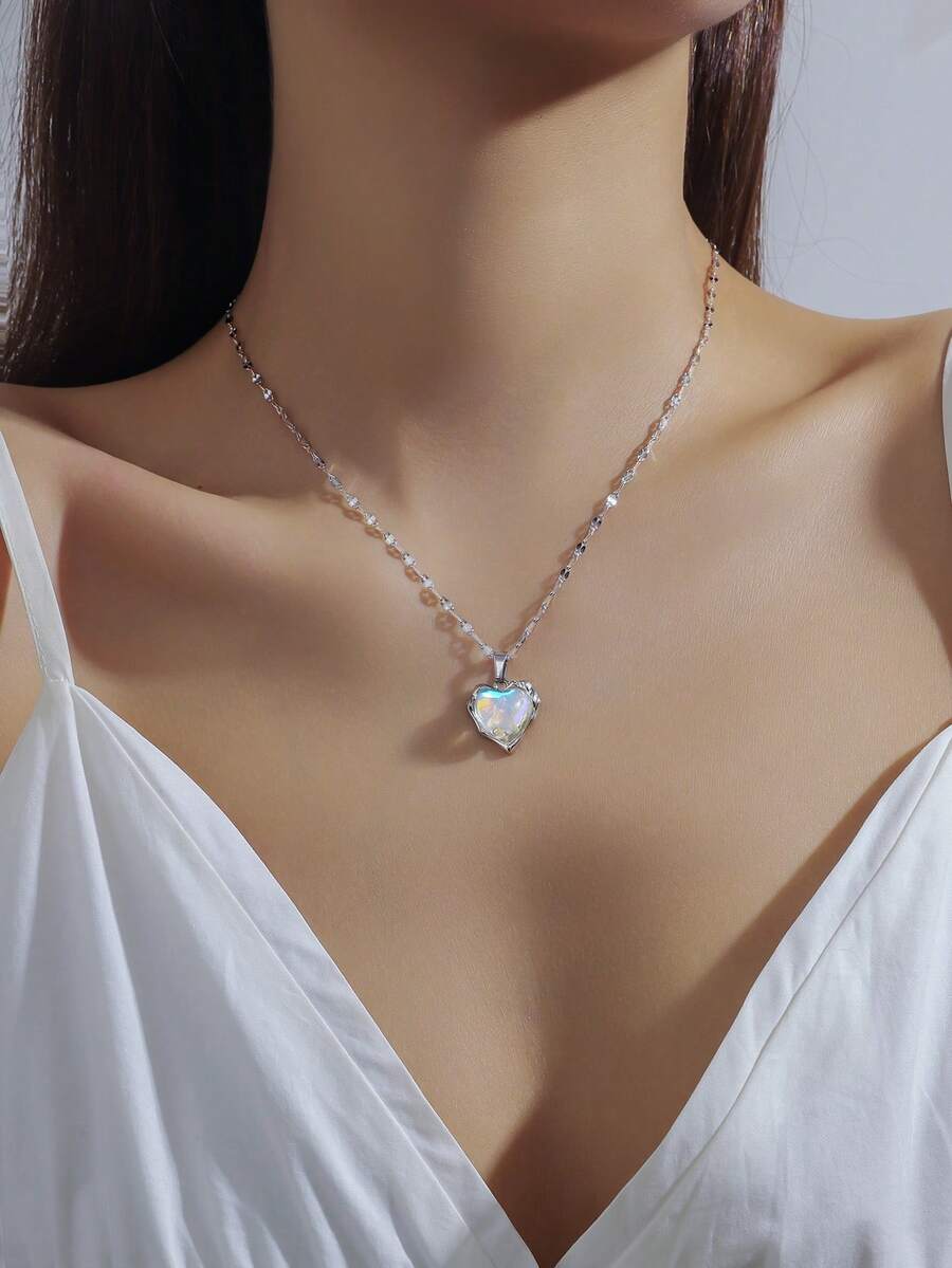1 mặt dây chuyền trái tim ngọt ngào bằng thép không gỉ cho nữ, dây chuyền cổ choker lạ mắt, phù hợp với mọi mùa, quà tặng ngày lễ tình nhân - Bạc - Xem 1