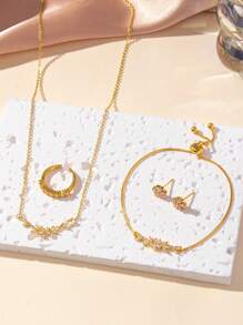 5pcs/Set Fashion Minimalist Floral & Leaf Zirconia Jewelry Set, Necklace, Bracelet, Ring, Earrings, Suitable For Party, Gift And Daily Wear