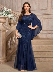 MIUSOL Vestido formal de fiesta elegante con mangas de malla con mariposa, encaje y lentejuelas florales. Vestido de gala digno adecuado para invitados de boda, ceremonia de graduación, banquete y otras ocasiones - Azul Marino - Ver 5