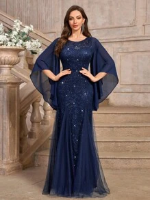 MIUSOL Vestido formal de fiesta elegante con mangas de malla con mariposa, encaje y lentejuelas florales. Vestido de gala digno adecuado para invitados de boda, ceremonia de graduación, banquete y otras ocasiones - Azul Marino - Ver 2