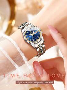 奢华女士金表礼品，不锈钢材质，外观精致，纤薄表带，银色紧凑型不锈钢表盘，镶钻刻度，夜光日期显示，50米防水，日本石英机芯，生日礼物，送给妈妈、妻子、朋友、爱人的礼物，纪念品，返校必备 - 藍色 - 查看 3
