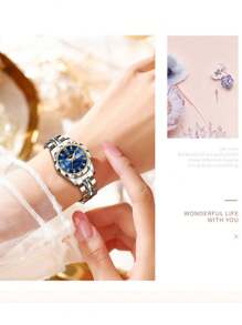 奢华女士金表礼品，不锈钢材质，外观精致，纤薄表带，银色紧凑型不锈钢表盘，镶钻刻度，夜光日期显示，50米防水，日本石英机芯，生日礼物，送给妈妈、妻子、朋友、爱人的礼物，纪念品，返校必备 - 藍色 - 查看 6