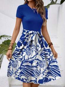 Women's Round Neck Short Sleeve Colorblocked Floral Tie Waist Dresses