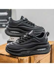 4-Season Outdoor Comfortable Casual Niche Bread Plus Size Men's Shoes, Color Block Air Cushion Low Top Thick Sole Chunky Sneakers - Black - View 3