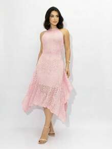 Elegant Crochet Lace Midi Dress Lined Knit Backless 36 To 40 - 淺粉色 - 查看 4