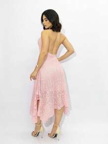 Elegant Crochet Lace Midi Dress Lined Knit Backless 36 To 40 - 淺粉色 - 查看 3