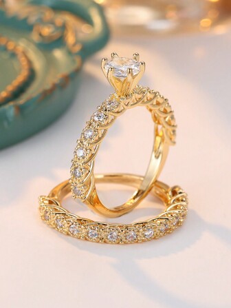 2st set lyxiga vita Cubic Zirconia kopparringar, stapelbara bröllopsringar Perfekt present till honom och henne