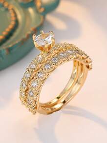 2pcs Set Luxury White Cubic Zirconia Copper Ring Sets, Stackable Wedding Party Rings Perfect Gift For Him And Her - Yellow Gold - View 5