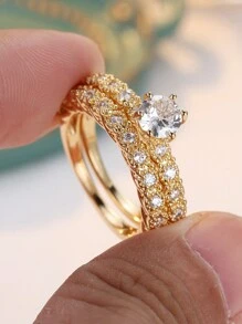 2pcs Set Luxury White Cubic Zirconia Copper Ring Sets, Stackable Wedding Party Rings Perfect Gift For Him And Her - Yellow Gold - View 3