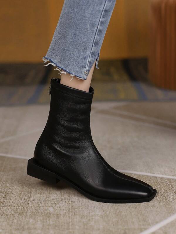 Women's Sexy New Autumn/Winter British Style Square Toe Low Heel Short Boots, Soft Leather Thick Heel Flat Slim Boots, Boots,Perfect With Black Dress