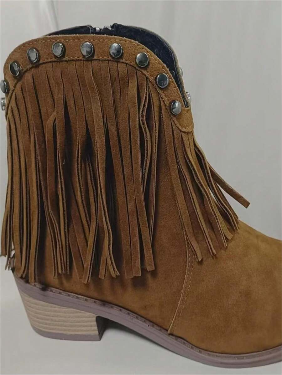 Women Western Cowboy Boots Go With Sweater Dress Boots Zipper Fringe