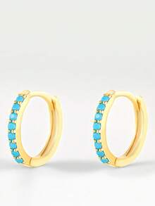 1对S925纯银圆形立方氧化锆耳钉，14K镀金个性化耳环，适合女性和女孩搭配服装 - 金黃色 - 查看 4