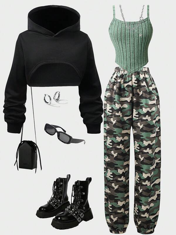 3pcs Tween Girl Set: Casual Cute Sweatshirt, Suspender, & Camouflage Pants, Autumn/Winter