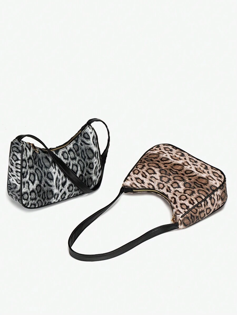 时尚女士简约休闲豹纹大容量腋下包、通勤健身月亮包手拿包零钱包手机袋、女士周末包、个性化礼物 - 棕色 - 查看 1