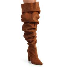 Over The Knee Wide Calf Slouchy Chunky Heel Boots - Brown - View 7