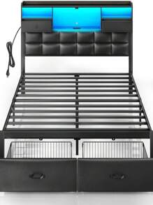 Bed Frame Queen Size With Drawers And Charging Station, Upholstered Platform Bed With Storage Headboard And LED Light, Heavy Duty Metal Frame Support, No Box Spring Needed, Noise Free - 黑色 - 查看 3