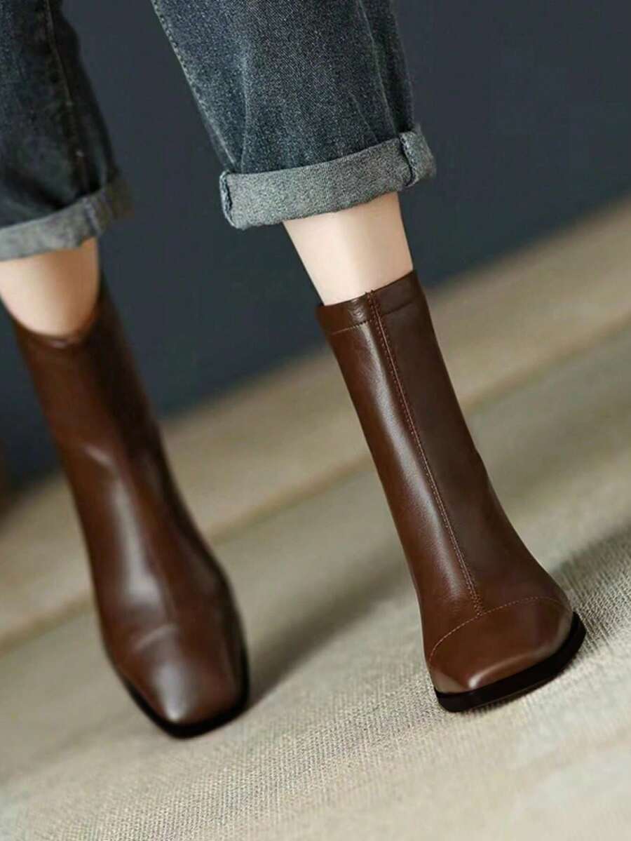 复古方头粗高跟弹力修身踝靴，棕色，拉链开合，2024 秋冬新款英伦风 - 棕色 - 查看 1