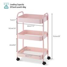 CLIPOP 3-Tier Storage Trolley Metal Rolling Utility Cart With Handle And Lockable Wheels, Mobile Serving Trolley For Kitchen Bathroom Bedroom Office Storage - Pink - View 2