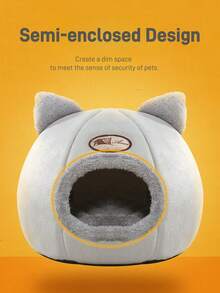 1PC Nhà cho chó ấm áp nửa kín trong mùa đông cộng với tổ cho thú cưng tròn bằng lông cừu Tổ cho mèo mới Tổ cho thú cưng dễ thương - Xám - Xem 7