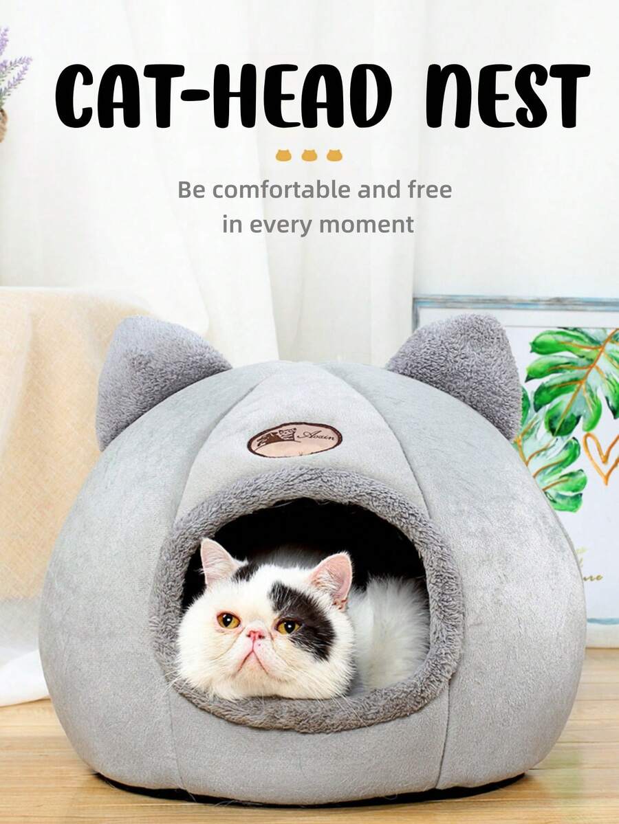 1PC Nhà cho chó ấm áp nửa kín trong mùa đông cộng với tổ cho thú cưng tròn bằng lông cừu Tổ cho mèo mới Tổ cho thú cưng dễ thương - Xám - Xem 1